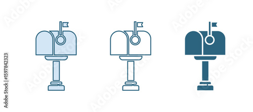 Blue Mail box icon isolated on white background. Mailbox icon. Mail postbox on pole with flag. Vector