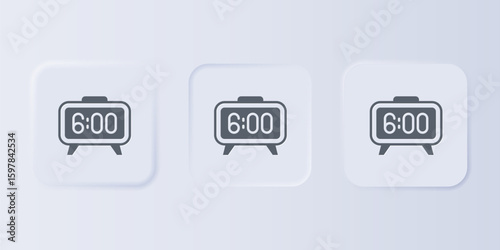 Grey Digital alarm clock icon isolated on grey background. Electronic watch alarm clock. Time icon. Set icons in square buttons. Vector