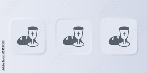 Grey Goblet and bread icon isolated on grey background. Bread and wine cup. Holy communion sign. Set icons in square buttons. Vector
