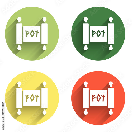 Set Magic scroll icon isolated with long shadow background. Decree, paper, parchment, scroll icon. Color circle button. Vector