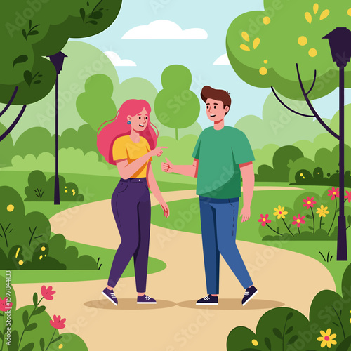 Couple strolling and chatting in a park on a sunny day.