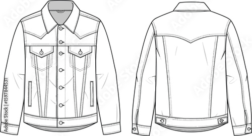 Denim jacket front and back view, buttoned pockets, classic collar, long sleeves, fashion flat sketch, outerwear template, vector drawing