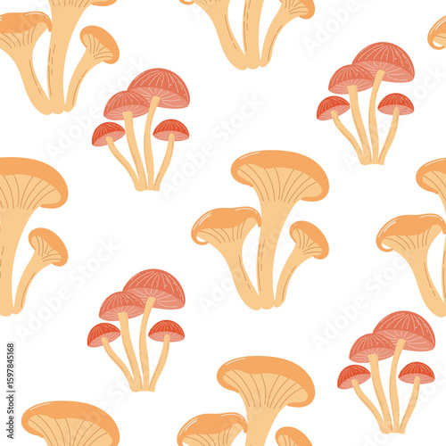 Square repeat with fall mushrooms. Flat cartoon style on white. Perfect for seasonal textile, wrapping paper, or surface design.