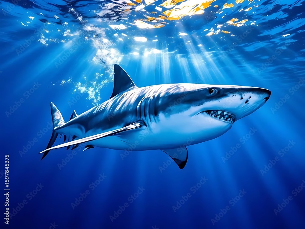 Obraz premium Great white shark swimming in clear blue ocean water. Ideal for marine wildlife articles, environmental awareness, and ocean conservation campaigns