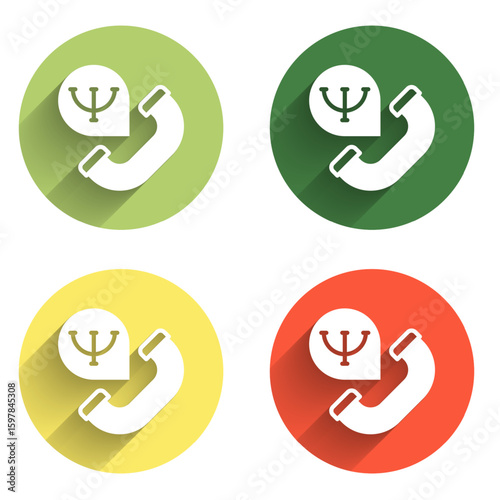 Set Online psychological counseling distance icon isolated with long shadow background. Psychotherapy, psychological help, psychiatrist online consulting. Color circle button. Vector