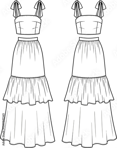 Fashion flat sketch of long tiered dress with bow tie straps, front and back view, garment design, technical vector drawing