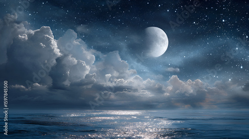Night sky with moon stars clouds and reflective water