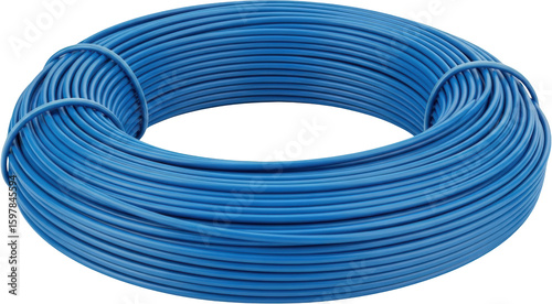 Spool of bright blue electrical wire coiled tightly isolate cable cord