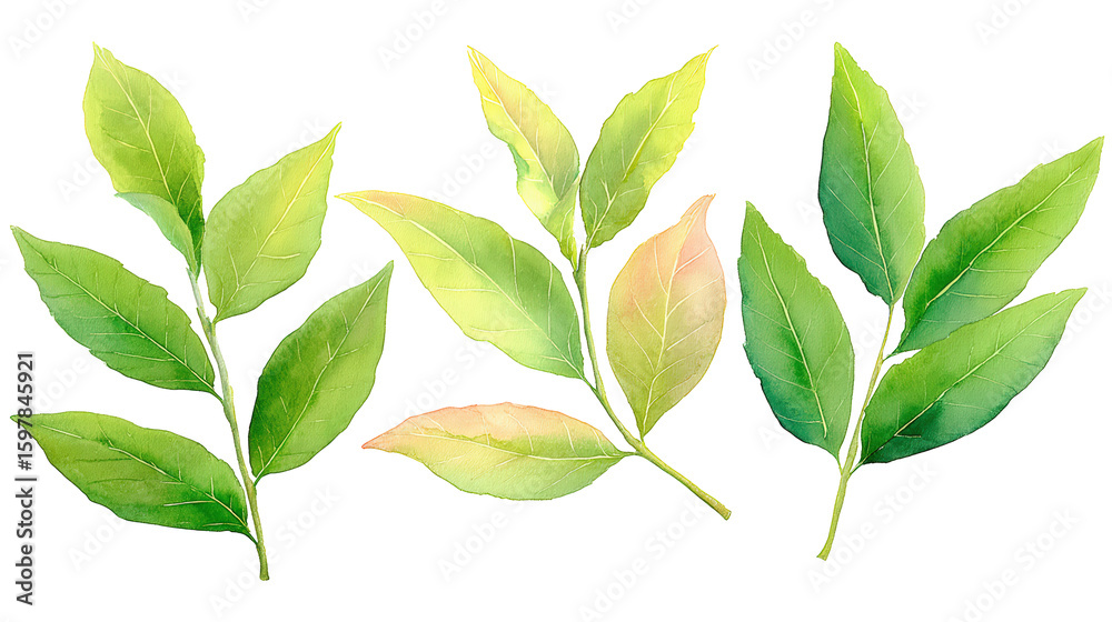 Fototapeta premium Flat-lay watercolor scene with three to five laurel leaves, isolated on transparent background