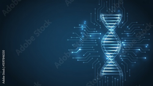 Digital glowing dna double helix with circuit lines on dark blue background, technology and genetics concept.
