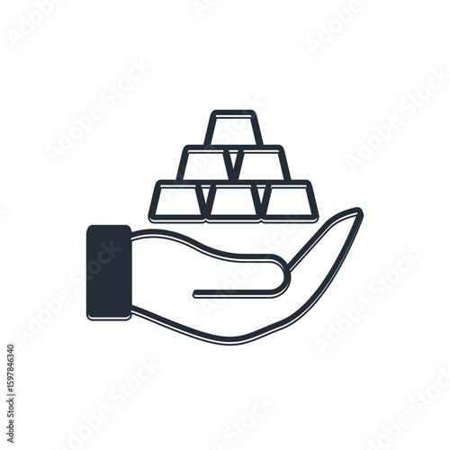 Black Gold bars in hand icon isolated on white background. Banking business concept. Vector