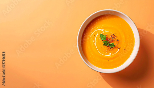 a top down perspective features a white bowl of vibrant orange soup set against a similarly hued background