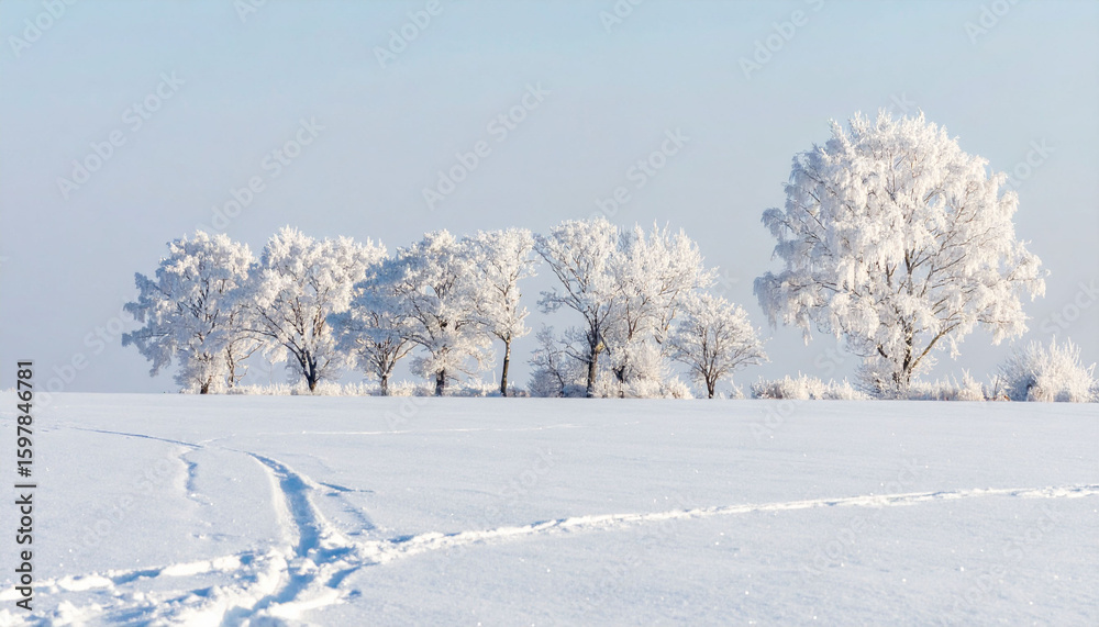 Obraz premium the image shows a snow covered field under a pale blue sky. a line of trees, each covered in frost, stands at the edge of the field in the distance