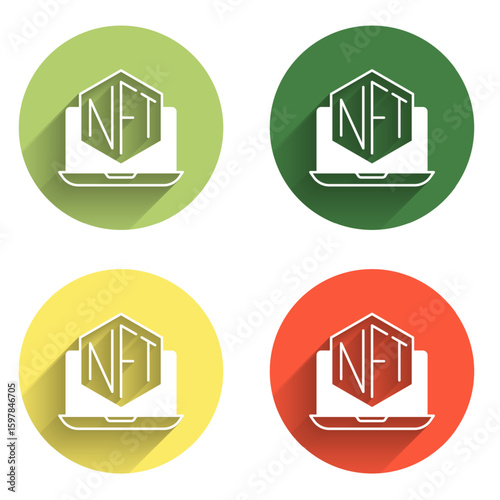 Set Laptop with art store app icon isolated with long shadow background. Technology of selling NFT tokens for cryptocurrency. Non fungible token concept. Color circle button. Vector