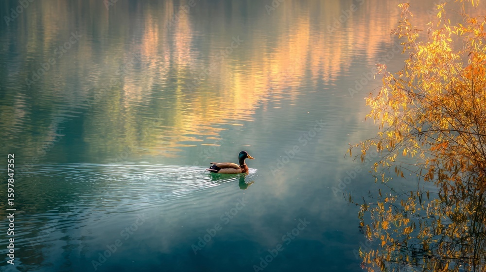 Fototapeta premium Duck on calm autumn lake
