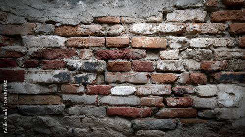 Weathered brick wall with varying brick colors textures and deteriorated mortar