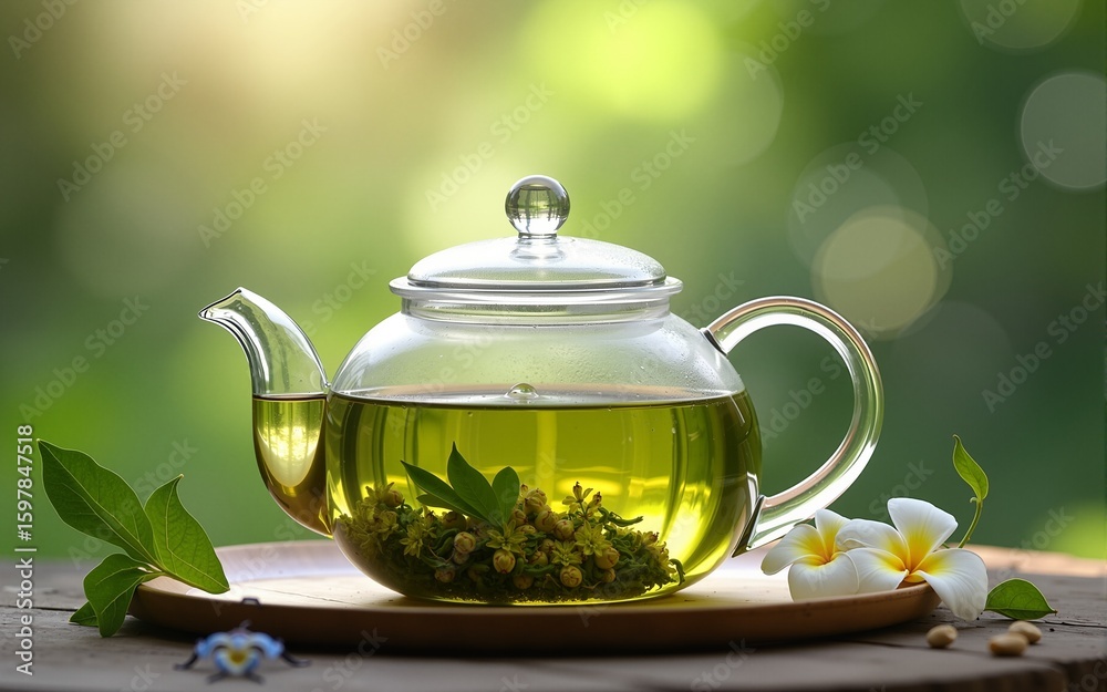 Exotic green tea with flowers in glass teapot. High quality Exotic green tea with flowers in glass teapot. High quality