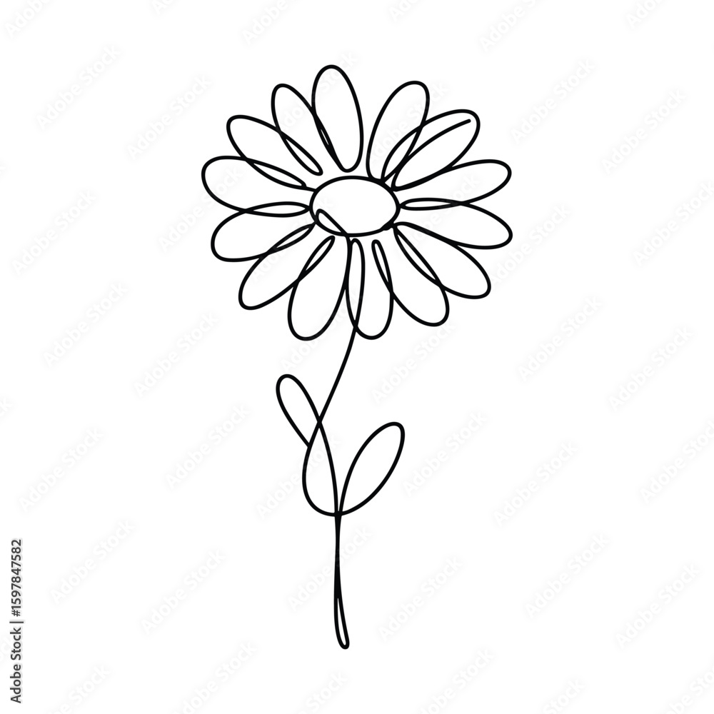 Fototapeta premium Single line art daisy flower with stem and leaves black and white