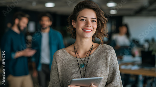 Woman smiling holding tablet with coworkers in blurry background