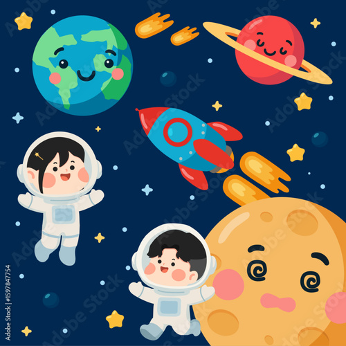 Astronaut kid in space with rocket ship