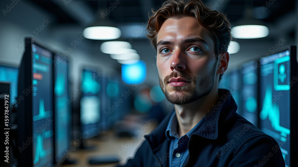 Obraz premium A focused cybersecurity specialist in hoodie monitoring code on screens in photo-realistic command center