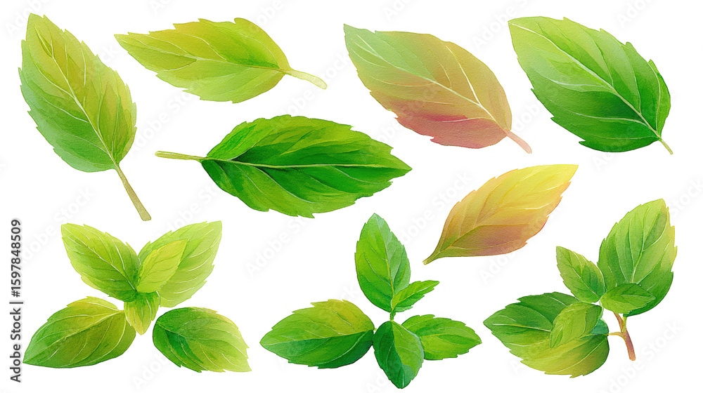 Fototapeta premium Scattered mint leaves watercolor flat-lay, isolated on transparent background