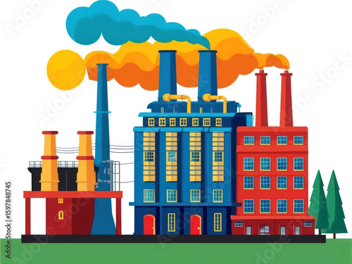 Factory building illustration. Flat, colored style. Heavy industry concept.