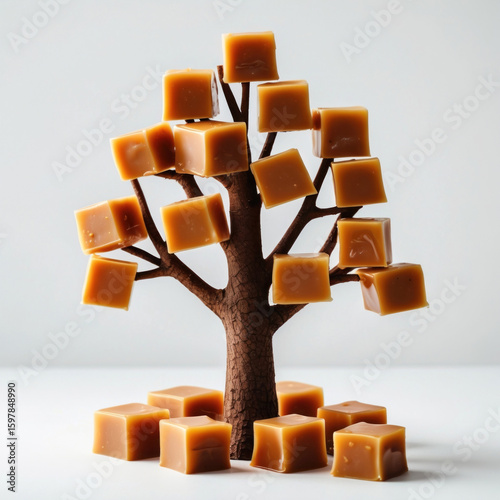 Many caramel cubes on white. Tree-like arrangement. Sweet treats, dessert.
