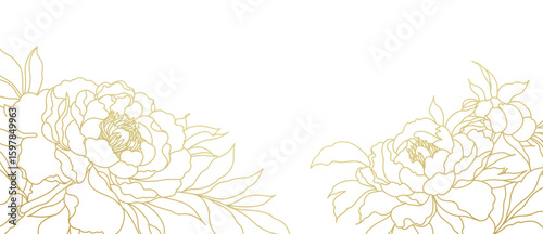 Luxury floral background with hand drawn gold line art flowers. Vector design with bouquet of peonies. Elegant illustration for wall decor, wallpaper, cover, banner, package, card, wedding invitation