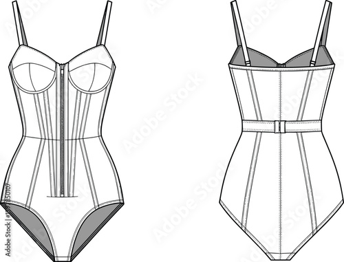 Front and back bodysuit design, strappy lingerie, zipper detail, contour seams, structured cups, fashion technical sketch, cad drawing flat vector illustration