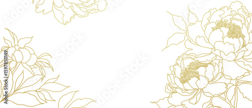 Luxury floral background with hand drawn gold line art flowers. Vector design with bouquet of peonies. Elegant illustration for wall decor, wallpaper, cover, banner, package, card, wedding invitation