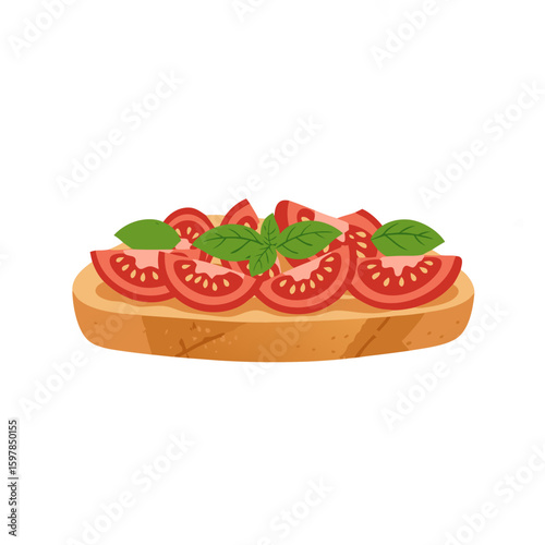Toasted bread topped with sliced tomatoes and fresh basil leaves  