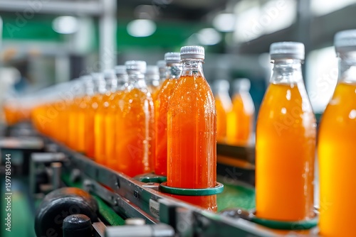 Fresh juice in glass bottles moving along a modern production line, symbolizing efficiency, quality control, and the beverage industry.