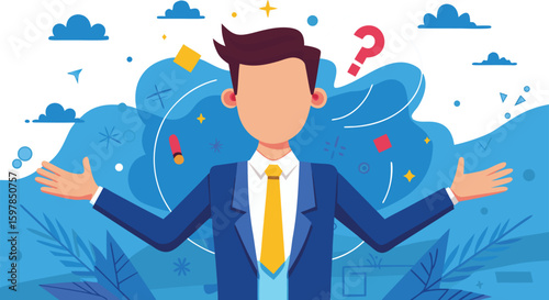 Man in Blue Suit with Yellow Tie Arms Outstretched Question Mark Symbol businessman