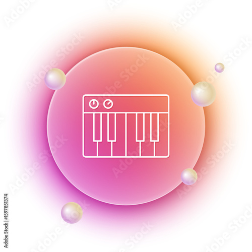 White Music synthesizer icon isolated on white background. Electronic piano. Orange and pink gradient circle background. Vector