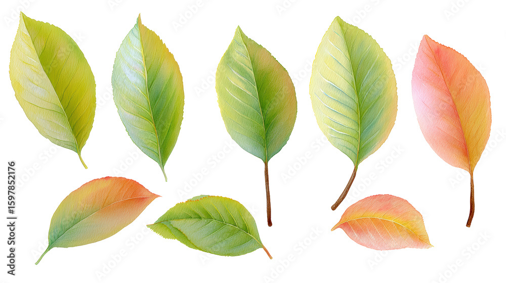 Fototapeta premium Watercolor flat-lay of peach leaves in varied positions isolated on transparent background