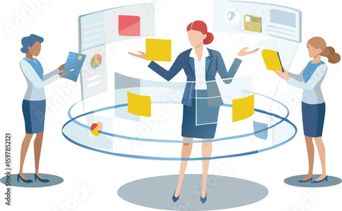 Three businesswomen collaborating with floating data and screens in a modern virtual environment