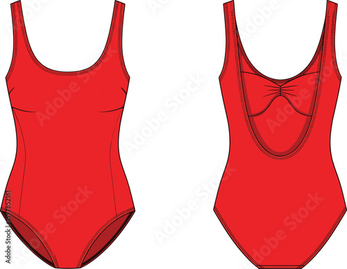Front and back red swimsuit, one-piece swimwear technical sketch, fashion cad drawing, flat vector template, female beachwear design illustration