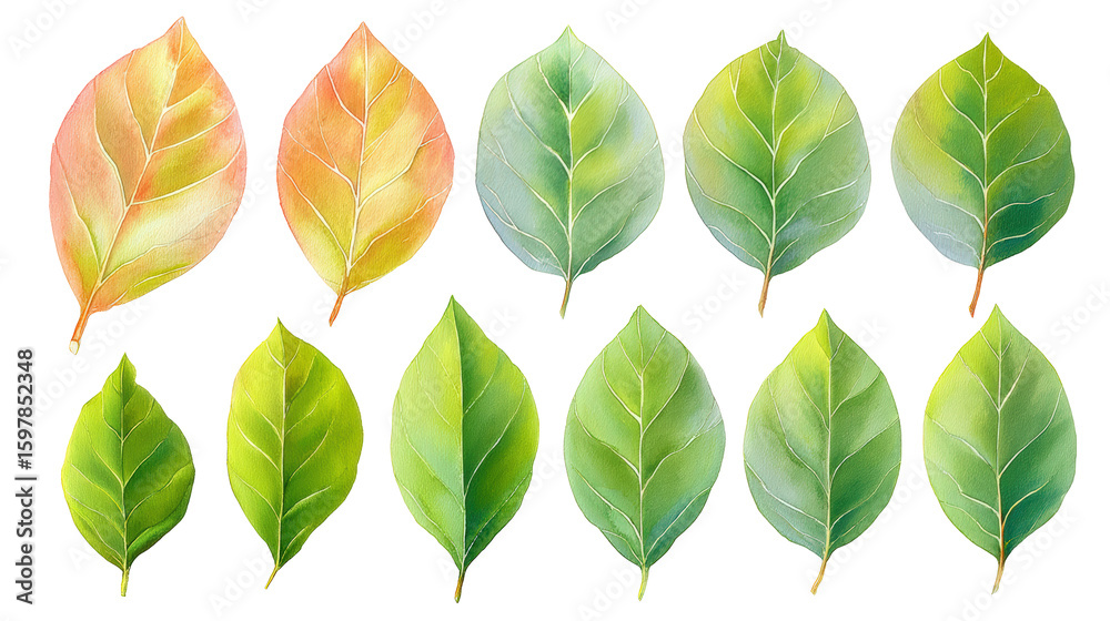 Obraz premium Balanced watercolor flat-lay of pear leaves isolated on transparent background