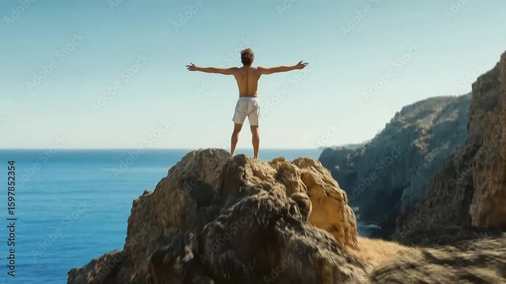 Man Embracing Freedom on Cliffside Overlooking Ocean in Summer Sun
Man Embracing Freedom on Cliffside Overlooking Ocean in Summer Sun