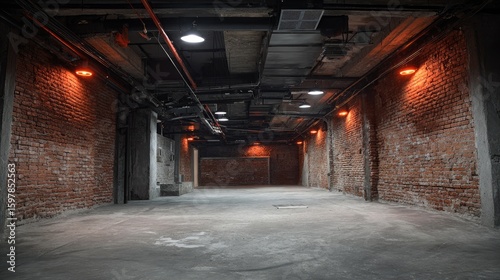 Industrial style underground hallway with brick walls.
