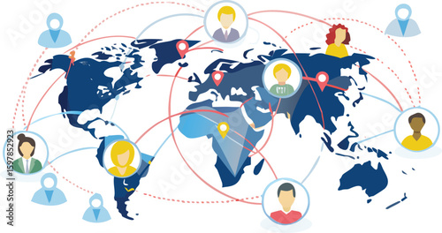 World map with connected people icons and location pins showing global communication network view 100