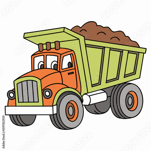 Cartoon Dump Truck Illustration for Kids – Construction Vehicle Coloring Page Clipart

