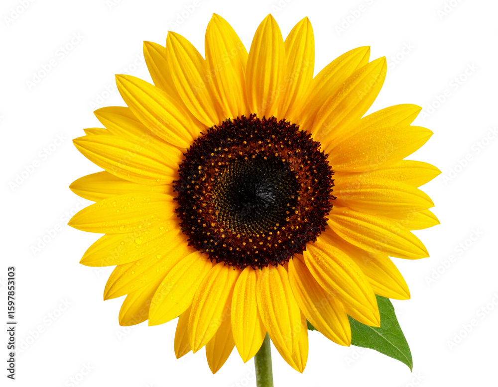 Fototapeta premium Golden Bloom in Morning Dew Close-Up of a Single Sunflower with Dewdrops on Petals, Transparent Background PNG