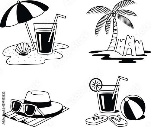 Tropical beach vacation icons with drinks and accessories
