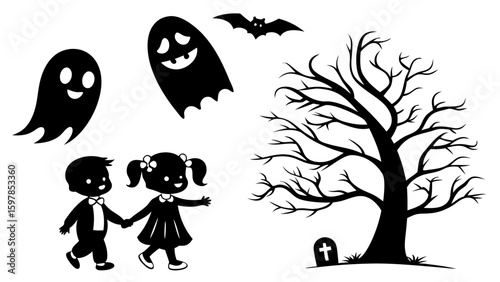 ghostly figures silhouette, Cute and Spooky Halloween Ghost Silhouettes – Vector Cartoon Illustration Set