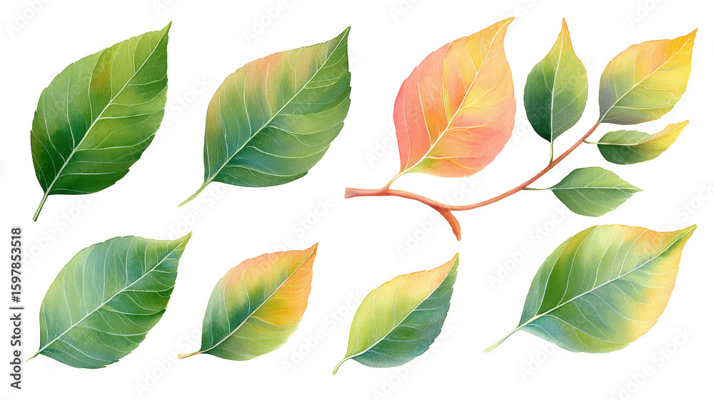Obraz premium Scattered pistachio leaves watercolor layout isolated on transparent background