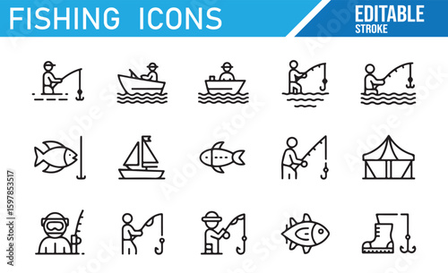 Collection of Fishing Icons Representing Boats, Anglers, and Fish Catching

