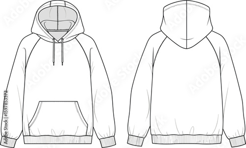 Front and back view hoodie, fashion flat sketch, hooded sweatshirt cad drawing, technical vector illustration, unisex streetwear design template