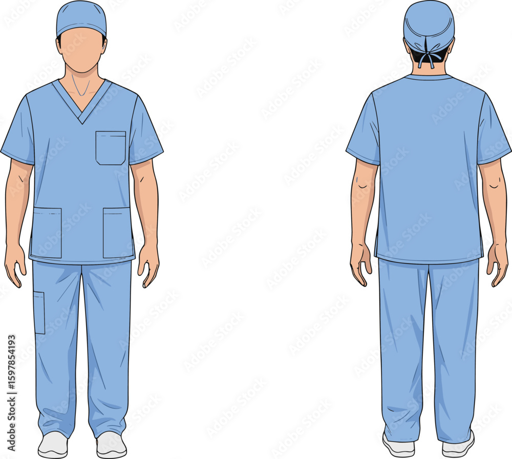 Front and back view of male medical scrub uniform with cap, short sleeves, flat style, cad drawing flat vector illustration Front and back view of male medical scrub uniform with cap, short sleeves, flat style, cad drawing flat vector illustration